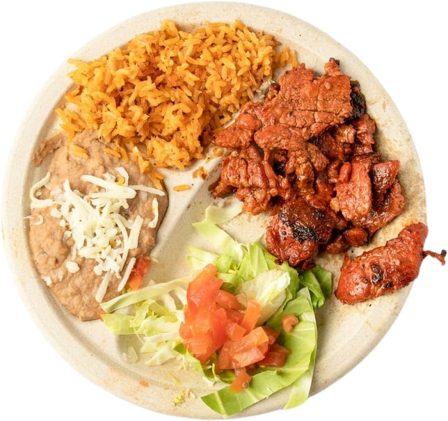 A round plate with grilled meat, orange rice, and refried beans topped with cheese. A side of fresh lettuce and diced tomatoes adds color.