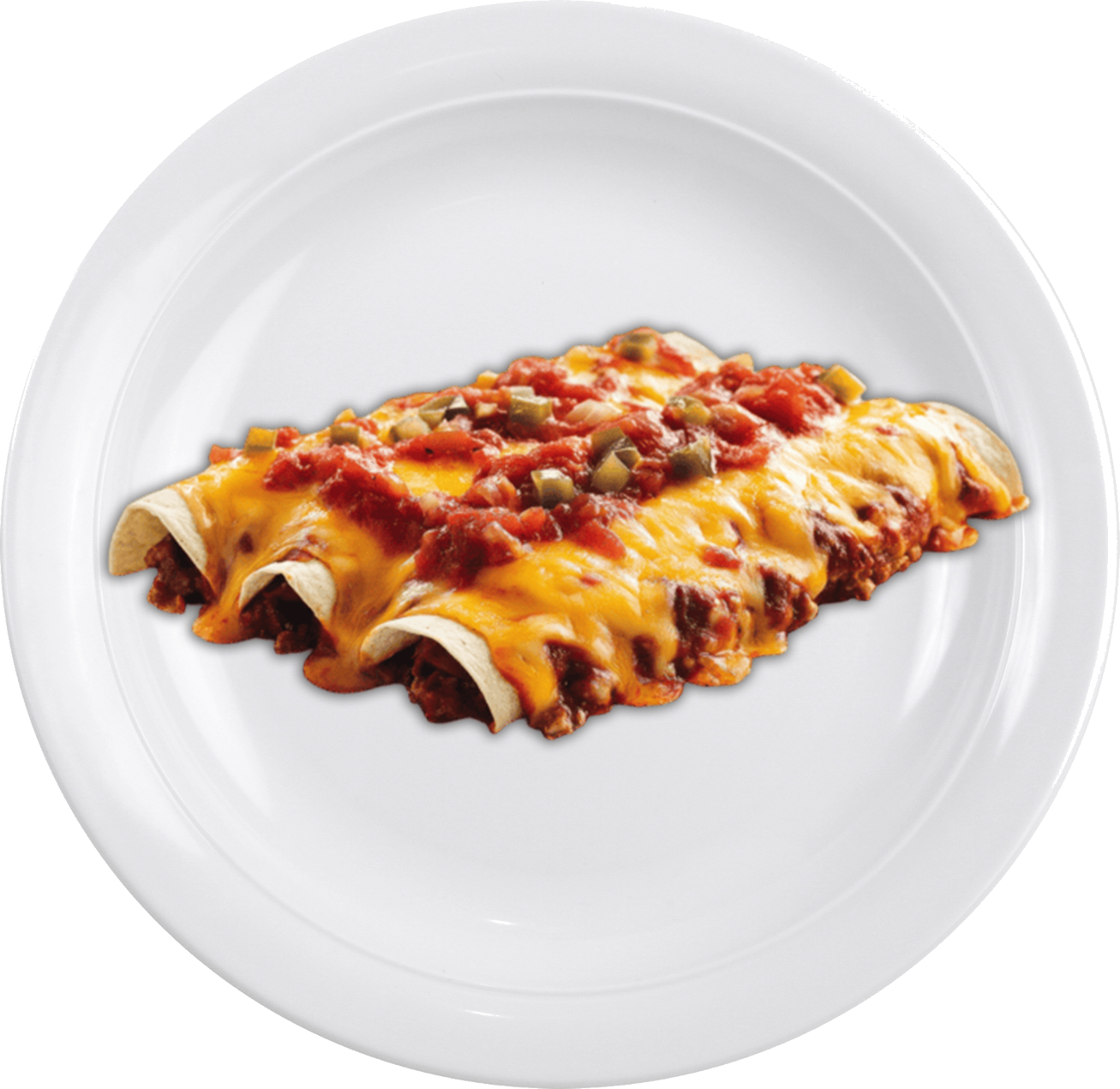 Two savory enchiladas topped with melted cheese, salsa, and diced green peppers are served on a white plate, creating an inviting and appetizing dish.