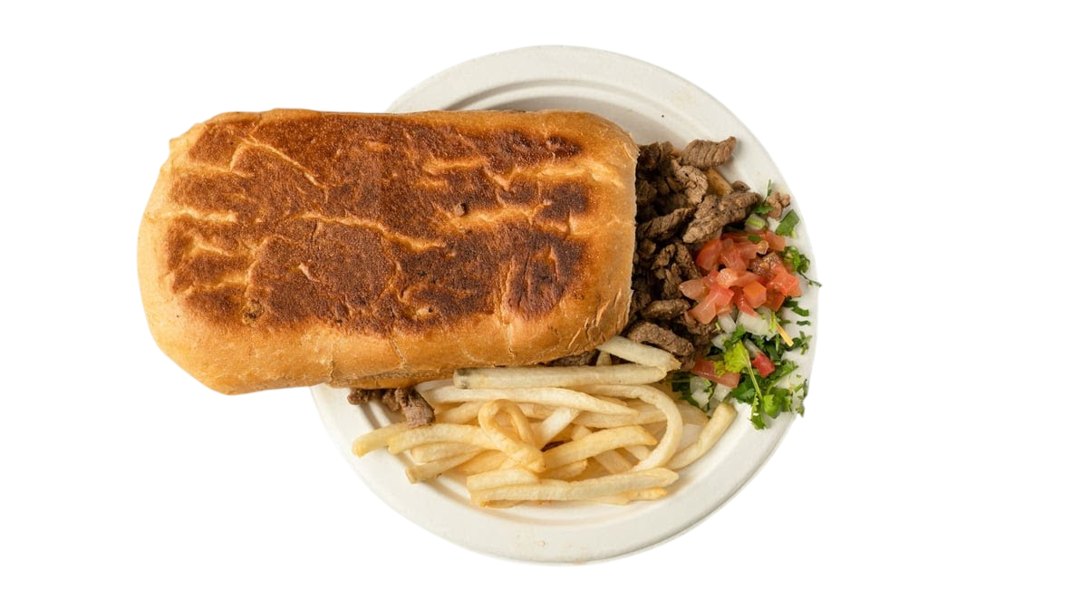 Plate with a toasted sandwich, French fries, seasoned beef strips, and fresh pico de gallo with cilantro.
