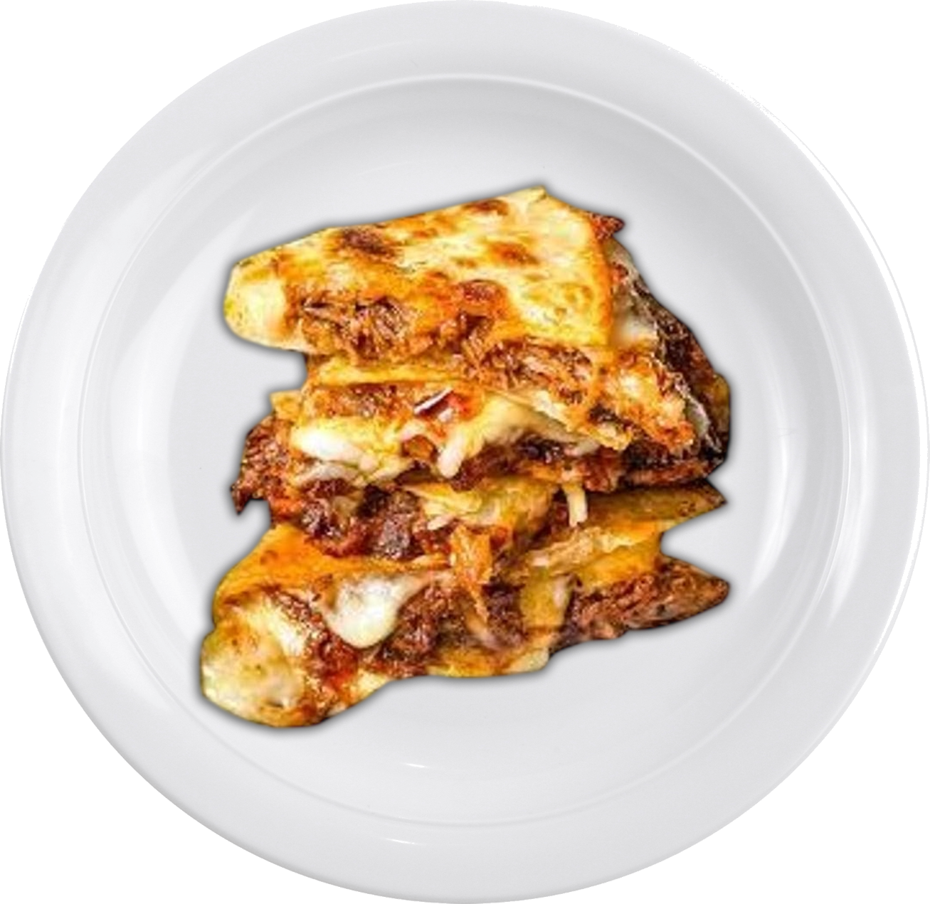 Stack of cheesy quesadillas with savory shredded beef and melted cheese, golden brown edges, exuding a warm, appetizing appearance.