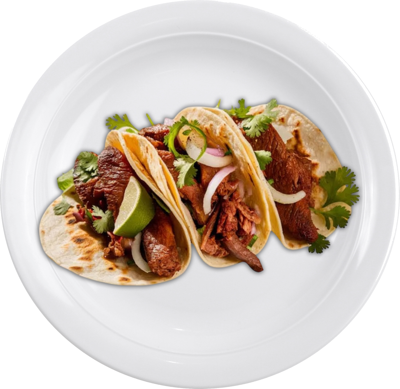 Three beef tacos filled with grilled meat, cilantro, onion, and lime wedges on corn tortillas, conveying a fresh and savory appearance.