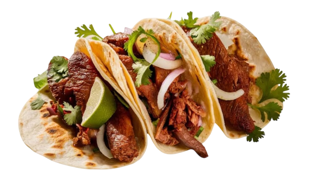 Three tacos filled with juicy, grilled meat, garnished with fresh cilantro, sliced onions, and lime wedges, set against a black background. Appetizing and vibrant.